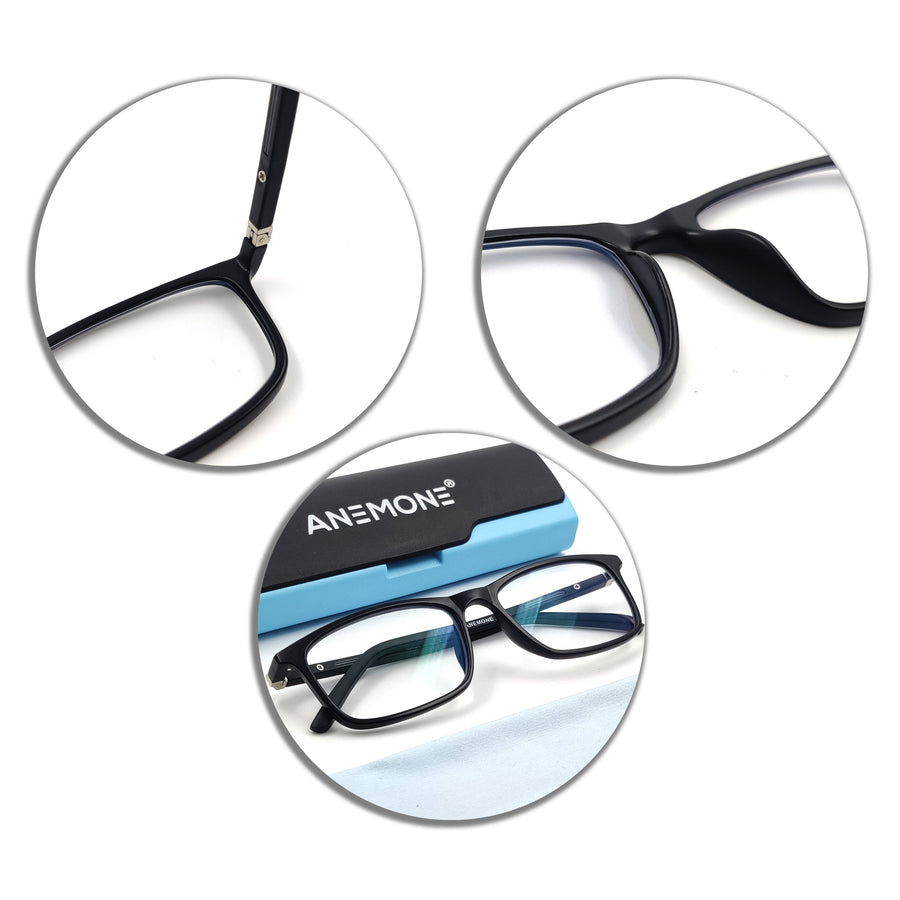 Anemone Rectangular Blue Cut Computer Glasses (unisex) Black | Light Weight